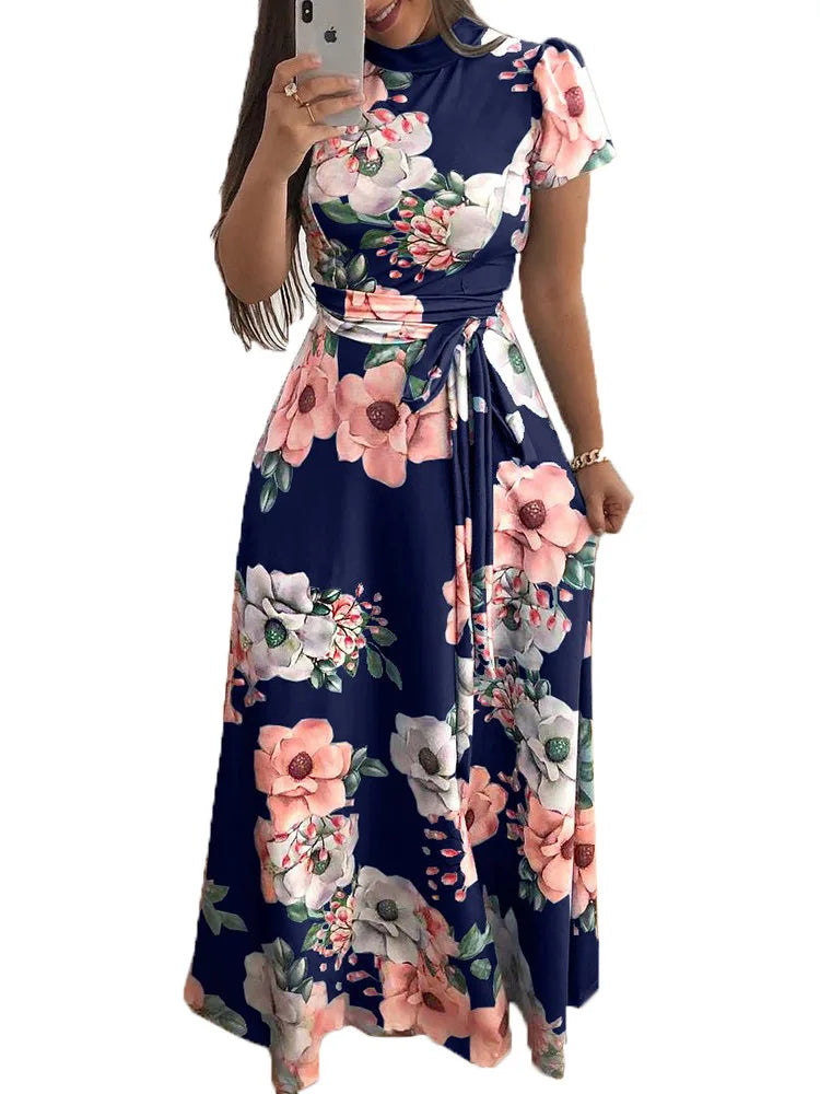 Womens Slim Casual Long Sleeve Round Neck Flower Print Strap Maxi Dress
