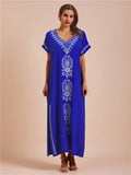 Embroidery Robe V-neck Batwing Sleeve Beach Maxi Dress Plus Size Loose Side Slit Summer Women Kaftans Dress Beachwear Q790