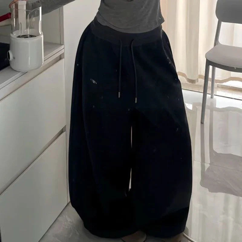 American Retro Hip-Hop Oversized Woman Black Casual Sweatpants Korean Streetwear Loose Jogging Pants High Waist Wide-Leg Pants