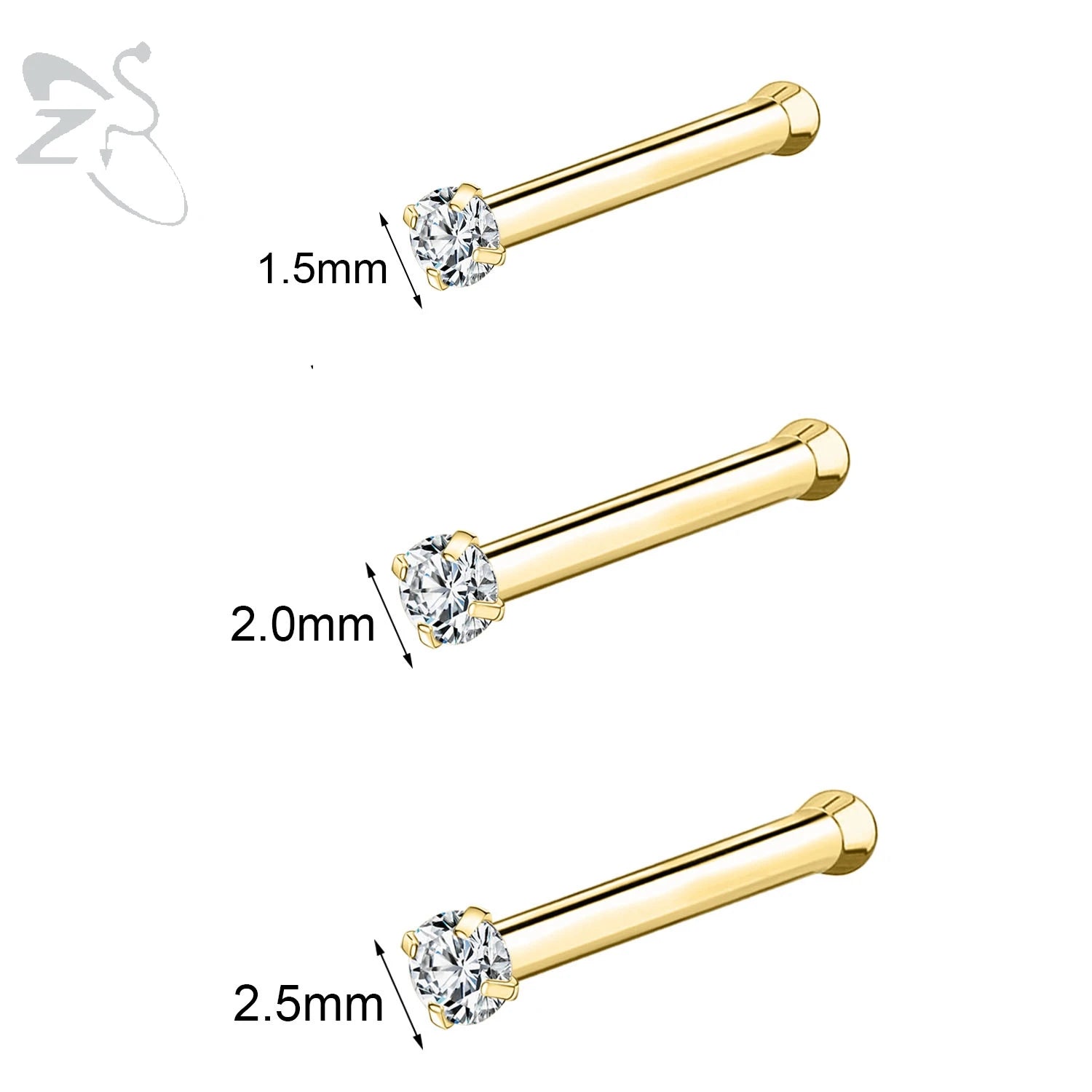 ZS 3-4Pcs/lot Gold Color Stainless Steel Nose Stud Set Heart Star Round Crystal Nose Piercing L Shape Nostril Piercing 18g/20g