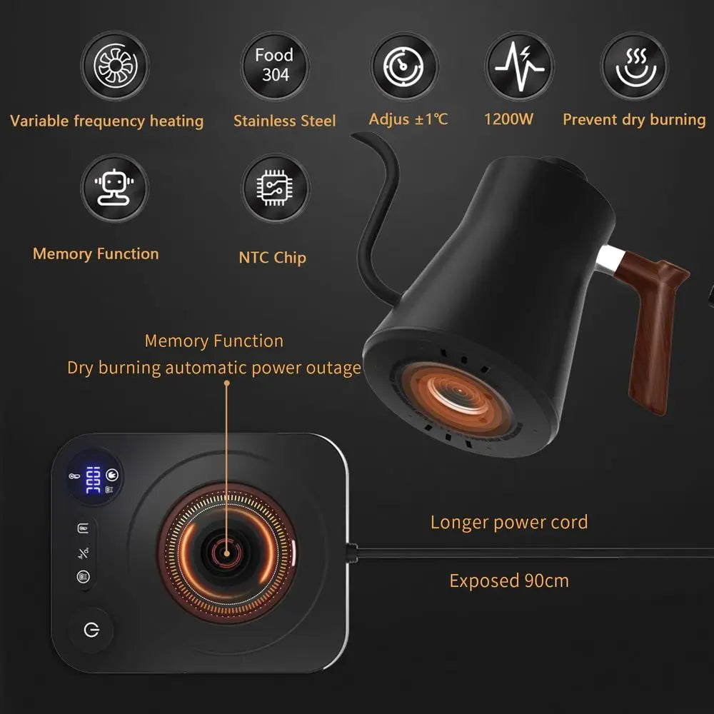0.9L Electric Gooseneck Kettle with LCD Display, RealTime Temp Control Hot Water Boiler to Pour Over Coffee, Brew Tea, Switchab