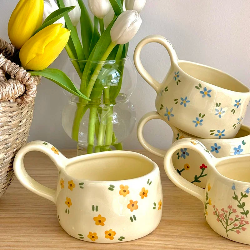 Cream yellow Ceramic Mug Korean Style Cute Flower Pattern Coffee Cup Hand Pinched Irregular Mug Breakfast Milk Tea Cups Watercup