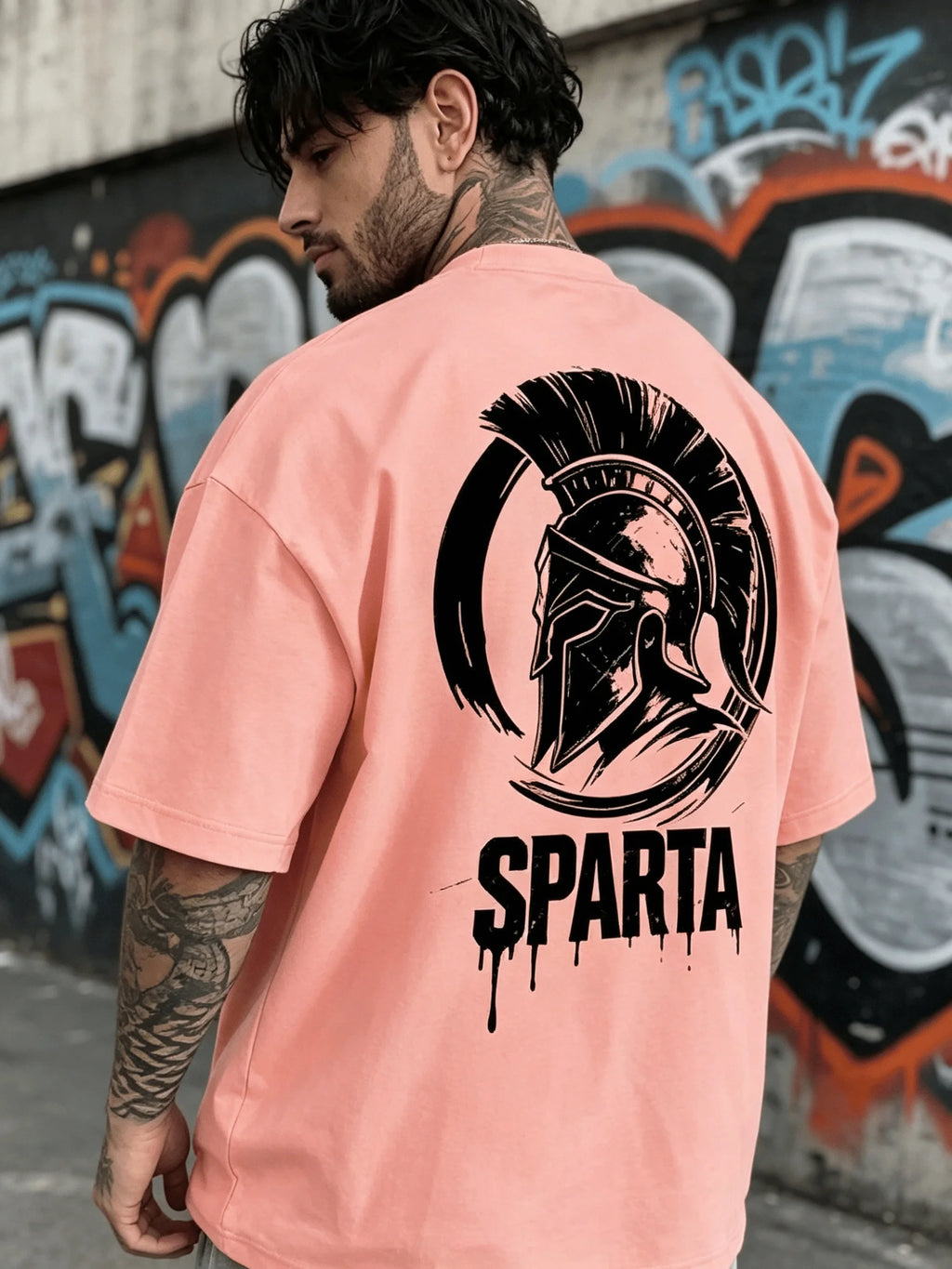 Men's Summer 100% Cotton Fashion Casual Street Spartan Knight Helmet Pattern Printed Loose Round Neck Short Sleeve T-shirt Top