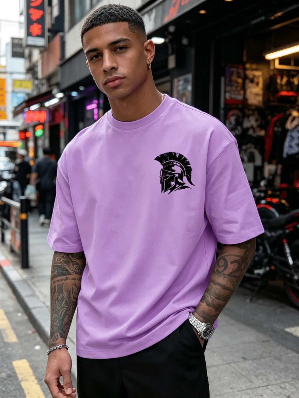Men's Summer 100% Cotton Fashion Casual Street Spartan Knight Helmet Pattern Printed Loose Round Neck Short Sleeve T-shirt Top
