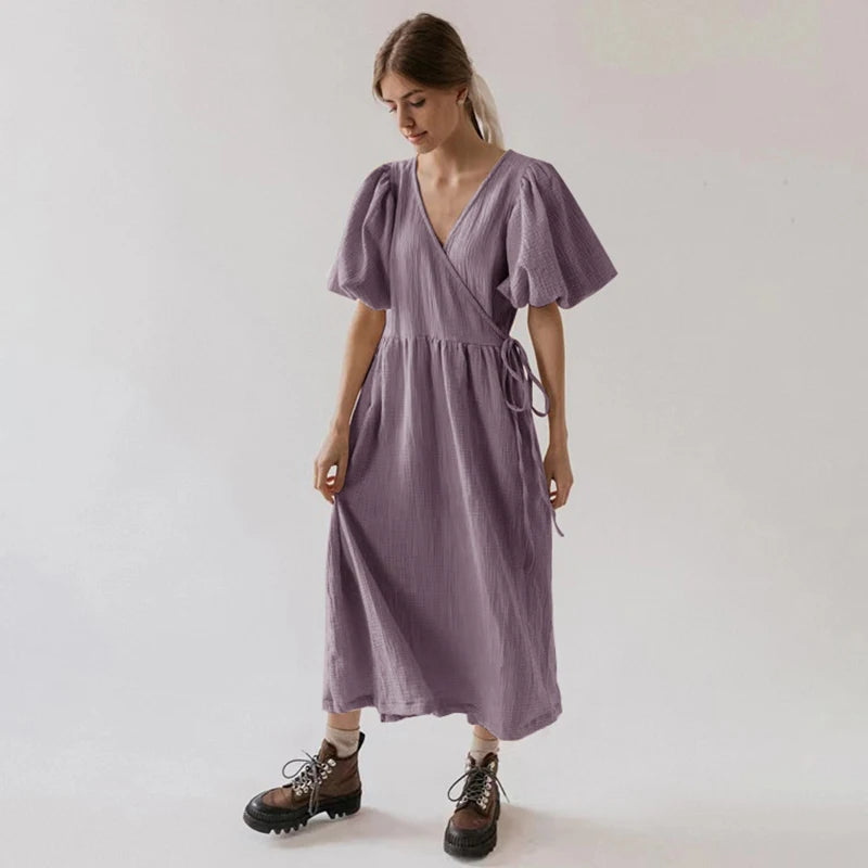 Puff Sleeve Maxi Dress For Women Muslin Crepe Gauze V-Neck  Bandage Lace Elegant Long Birthday Party Dress
