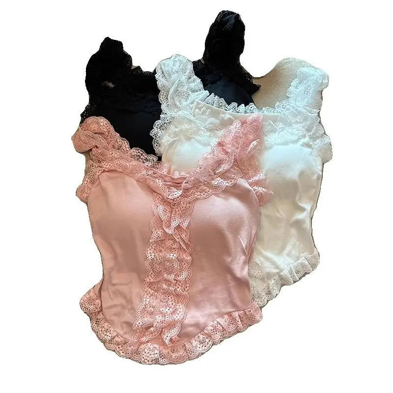 Black Spicy Girl Knitted Strap Vest Women's Summer Pure Desire Sexy Lace Splice Tight Inner Wear Top Outerwear