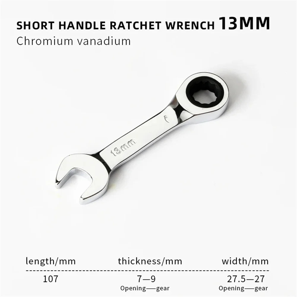 Short Handle Adjustable Head Ratchet Wrench Labor-Saving Dual-Purpose Auto Repair Hardware Tool For Nuts Bolts Fastening Work