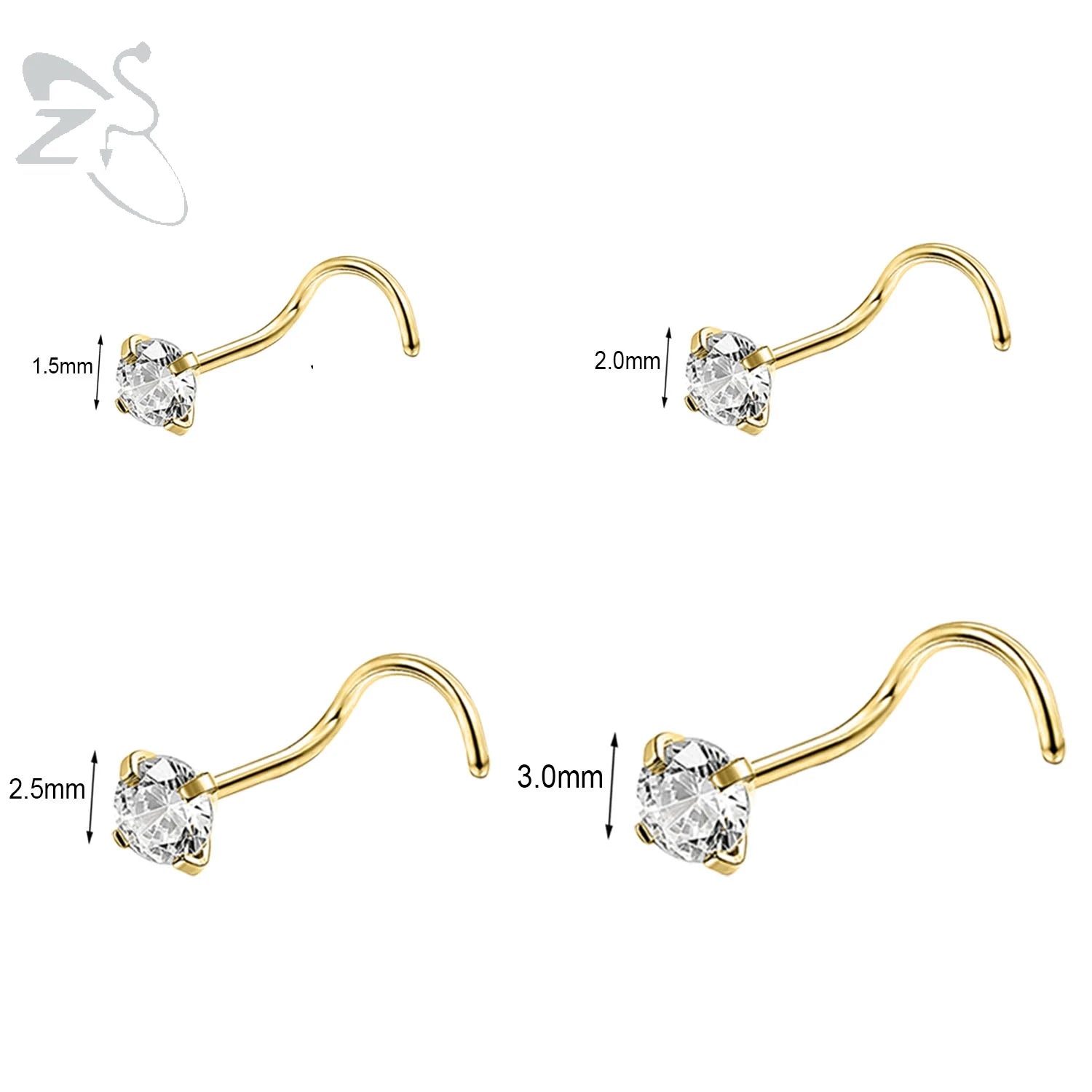 ZS 3-4Pcs/lot Gold Color Stainless Steel Nose Stud Set Heart Star Round Crystal Nose Piercing L Shape Nostril Piercing 18g/20g