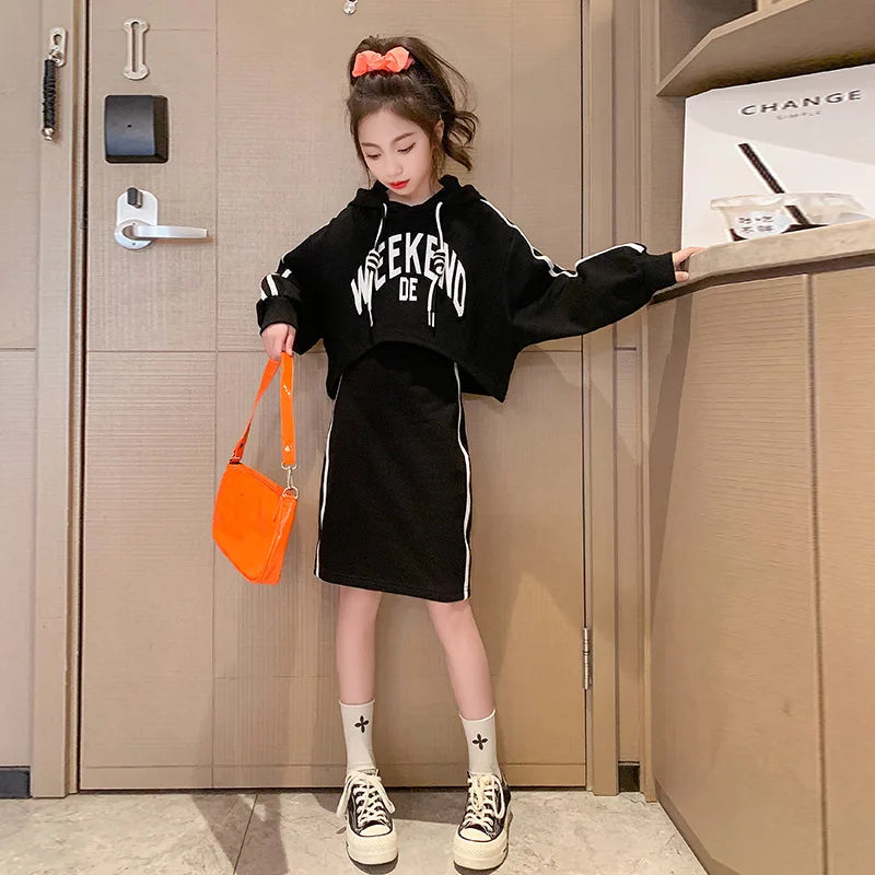 Autumn Children's Girls Clothes Set Junior Letter Hooded Pullover Top and Side Stripe Sleeveless Dress Suit Teenage 2pcs Outfits