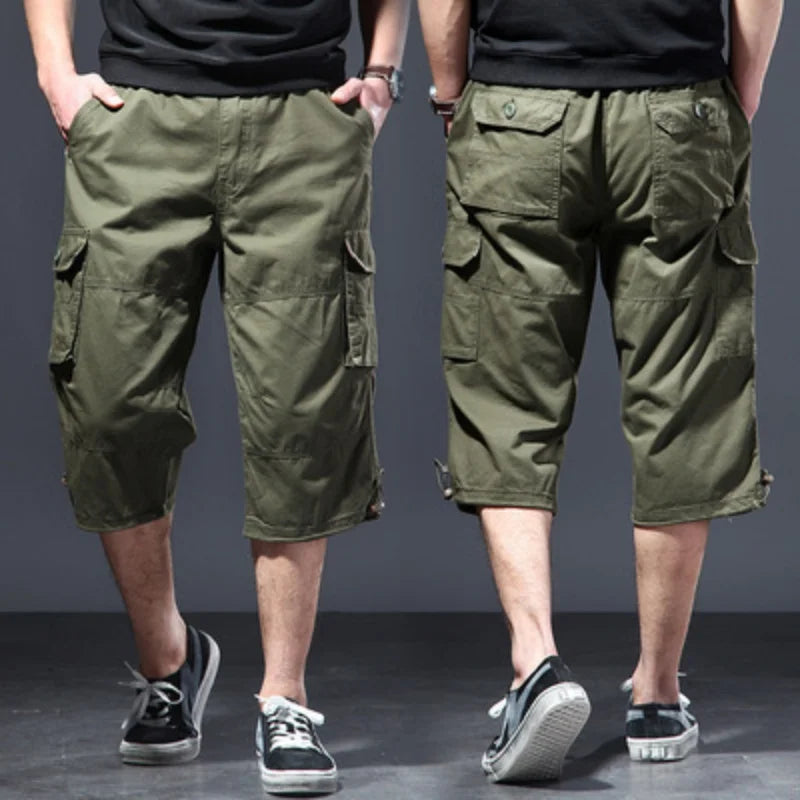 New  Summer thin cropped men's middle-aged pure cotton beach pants shorts plus loose mid length work pants outdoor