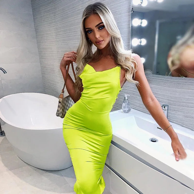 Neon Satin Lace Up Womens Light Pink Midi Dress Backless Bodycon Party Clubwear