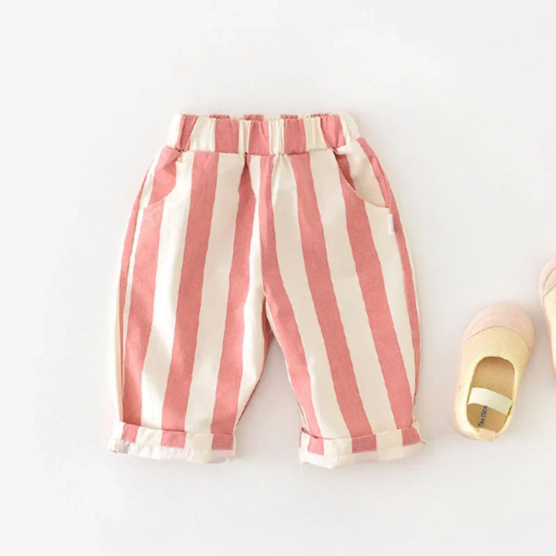 Autumn New Boy Girl Children Loose Striped Casual Pants Baby Pockets Fashion Pants Kid Outdoor Cotton Trousers Toddler Costume