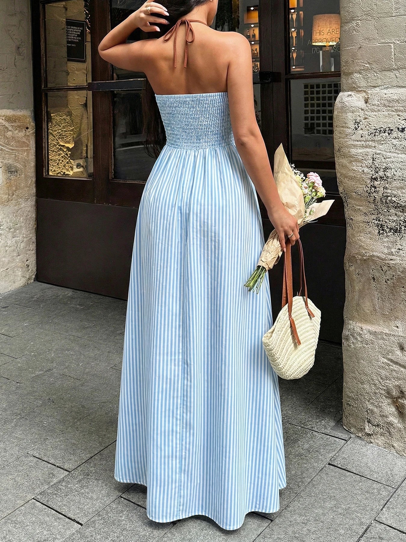 2026 Summer Striped Deep V Neck Backless Sleeveless Beach Long Dress
