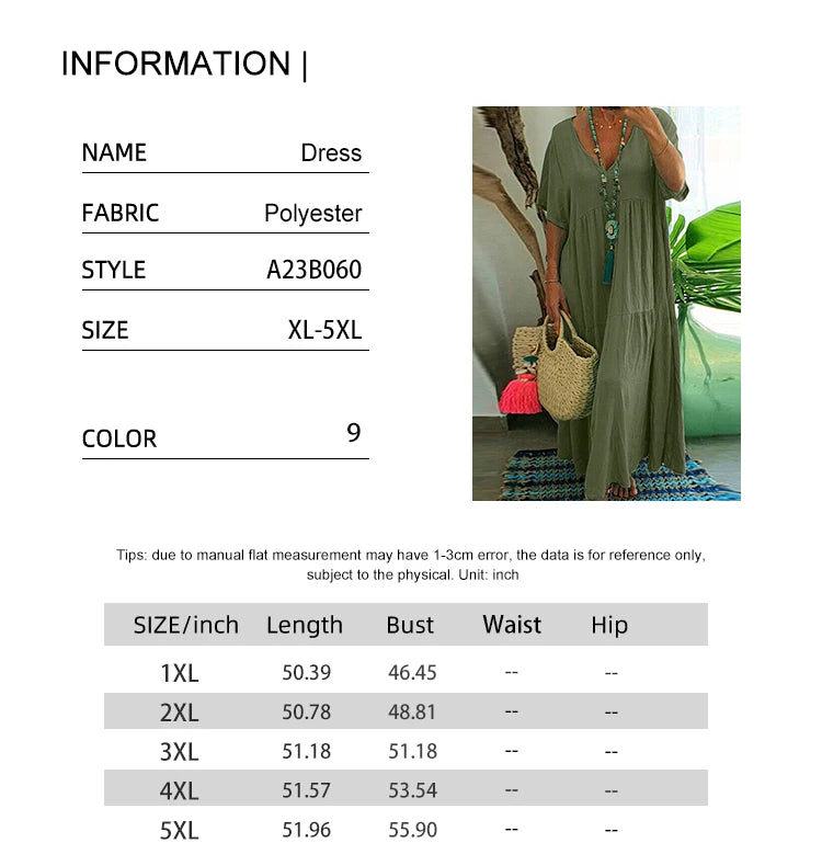 Plus Size Women's V Neck Pleated Solid Ankle Length Dress For Spring Summer