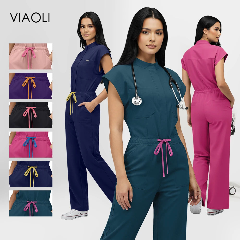 Nurse Jumpsuit Women Spandex Elastic Soft Nursing Scrub Uniforms Sets Female Healthcare Pet Beauty Veterinary Uniform Work Wear