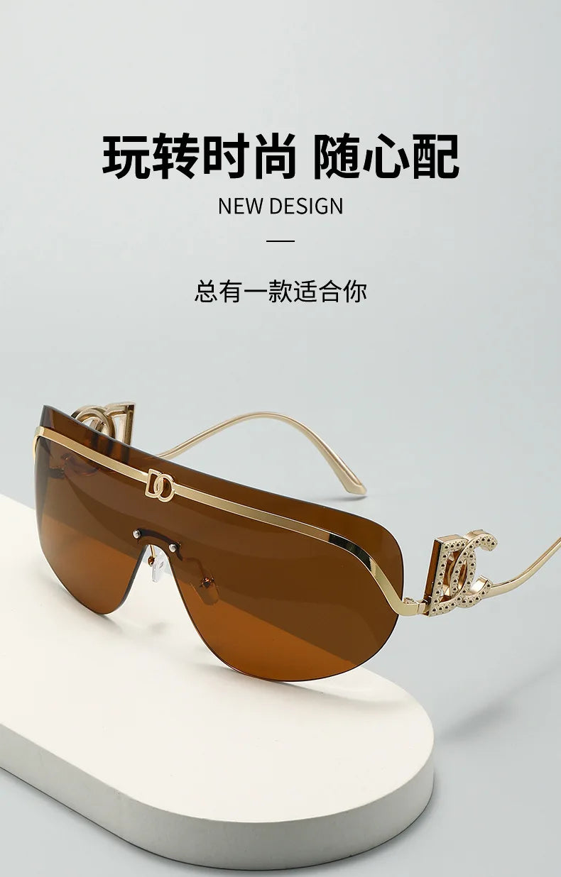 2026 Luxury Women Rimless Shield Aviator Sunglasses Gold Metal Frame Letter Accent Shades UV400 Eyewear for Women Lentes De Sol