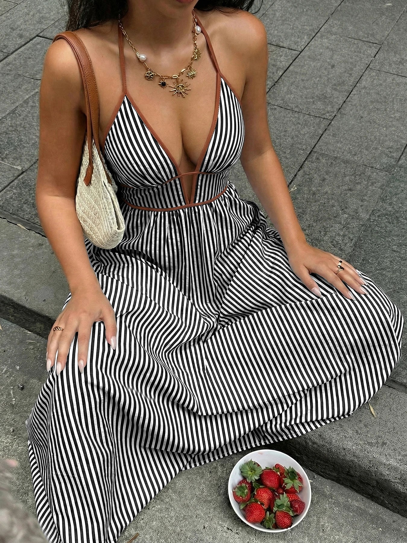 2026 Summer Striped Deep V Neck Backless Sleeveless Beach Long Dress