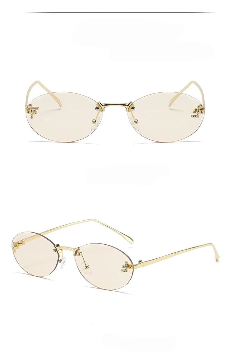 Fashion Oval Frameless Sunglasses Women Sparkling Rhinestone F Design Luxury Sun Glasses Girls shopping travelling eyeglasses