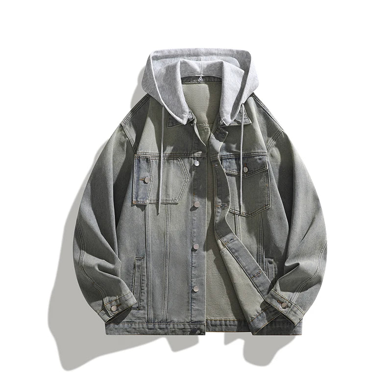 Spring Autumn Men's Loose Streetwear Hooded Denim Jacket Fashion Casual Turn Down Collar Jean Outerwear Hat Detachable Coat Man
