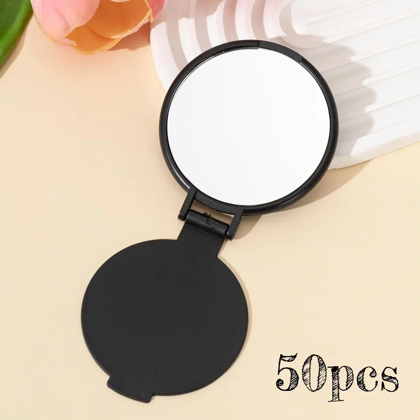 20/50pcs Pink Black Portable Mini Folding Makeup Mirrors - Women's Travel Daily Grooming Mirror, Durable Plastic Frame