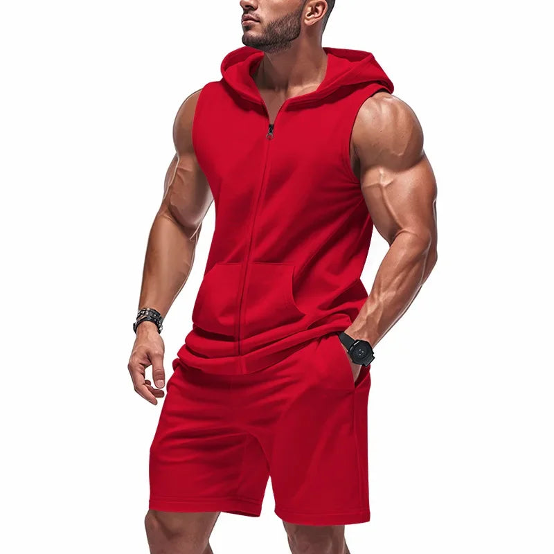 Cross Border  Summer American Men's Fitness Zip-up Hooded Loose Breathable Feature Waistcoat Shorts Tracksuit