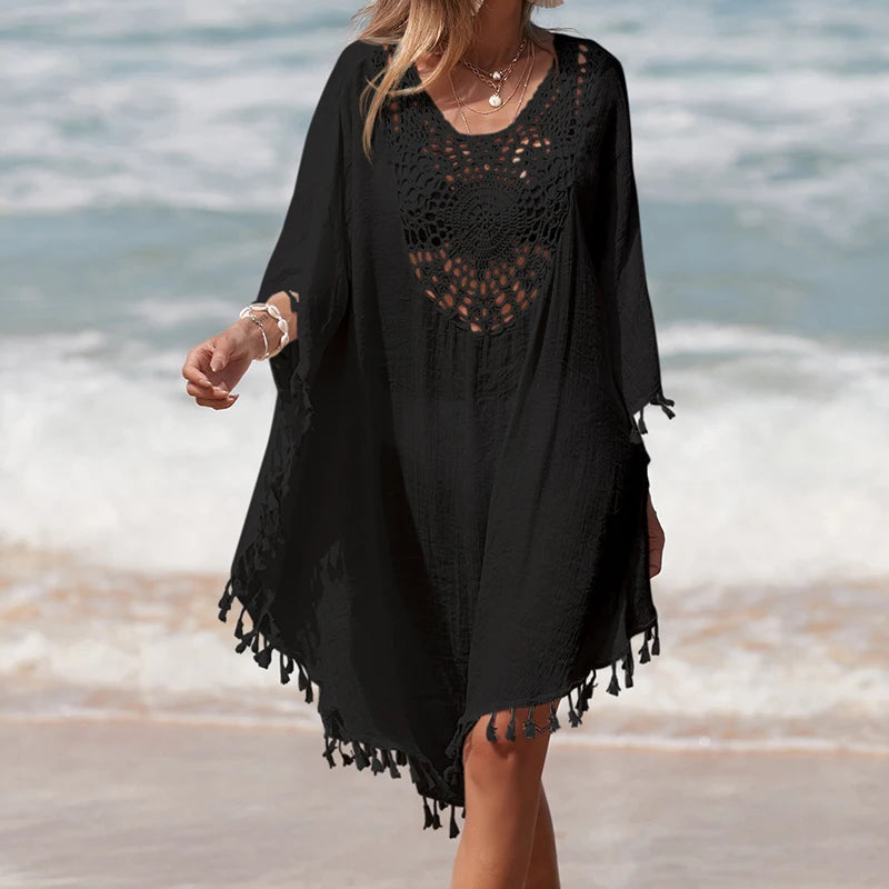 Women's Handmade Crochet Splicing Swimsuit Cover-Ups With Tassel Summer Holiday Beach Casual Loose Sunscreen Short Dress