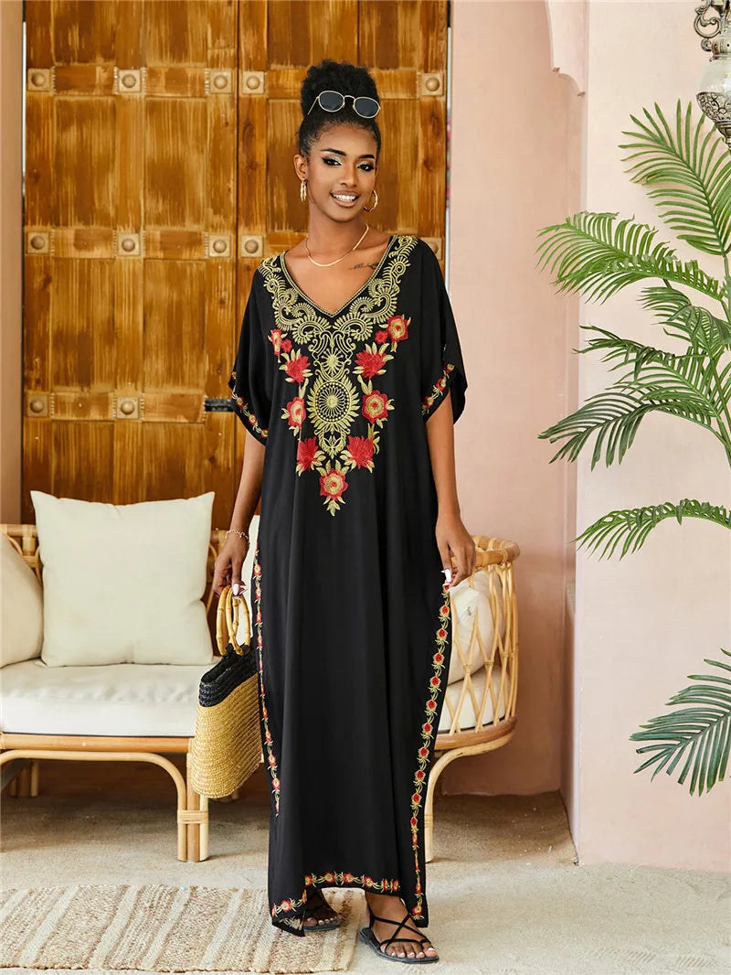 Women Plus Size Kaftan Dresses Loungewear Beach Embroidered Caftan Maxi Dress Floral Print Swimsuit Cover up Sundress