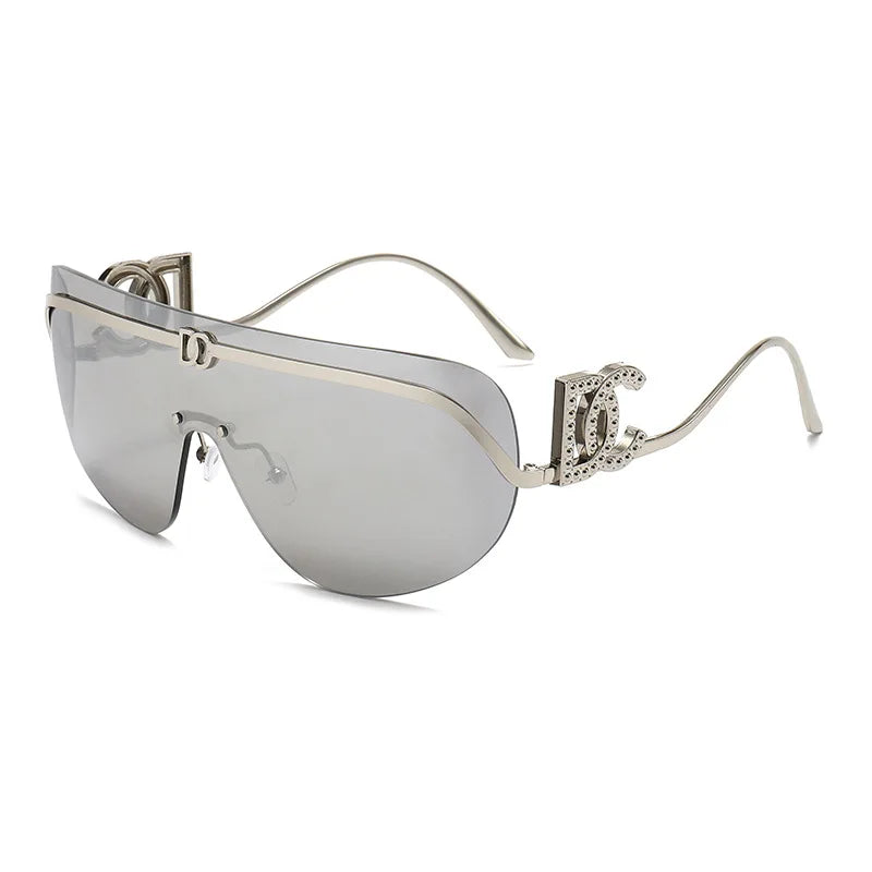 2026 Luxury Women Rimless Shield Aviator Sunglasses Gold Metal Frame Letter Accent Shades UV400 Eyewear for Women Lentes De Sol