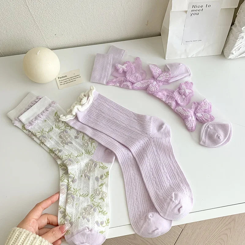 Butterfly Woman Socks Fashion Summer Ultra-thin Transparent Crystal Silk Socks Vintage Harajuku Sexy Lace Mesh Crew Socks