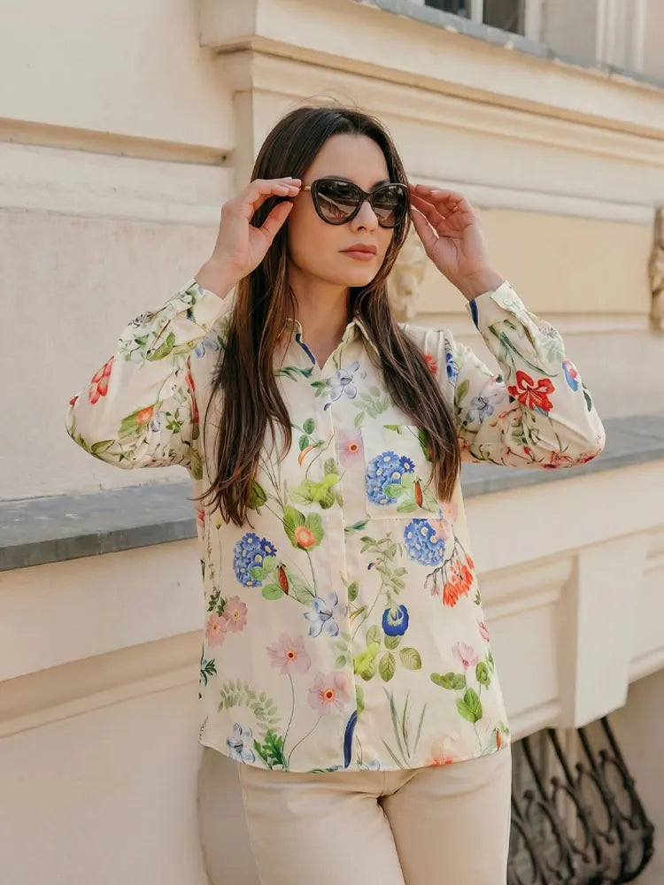 Women Fashion New Retro Flower Print Shirt Long Sleeve Single Breasted Lapel Tops Casual Outfits Blouse For Women Shirts
