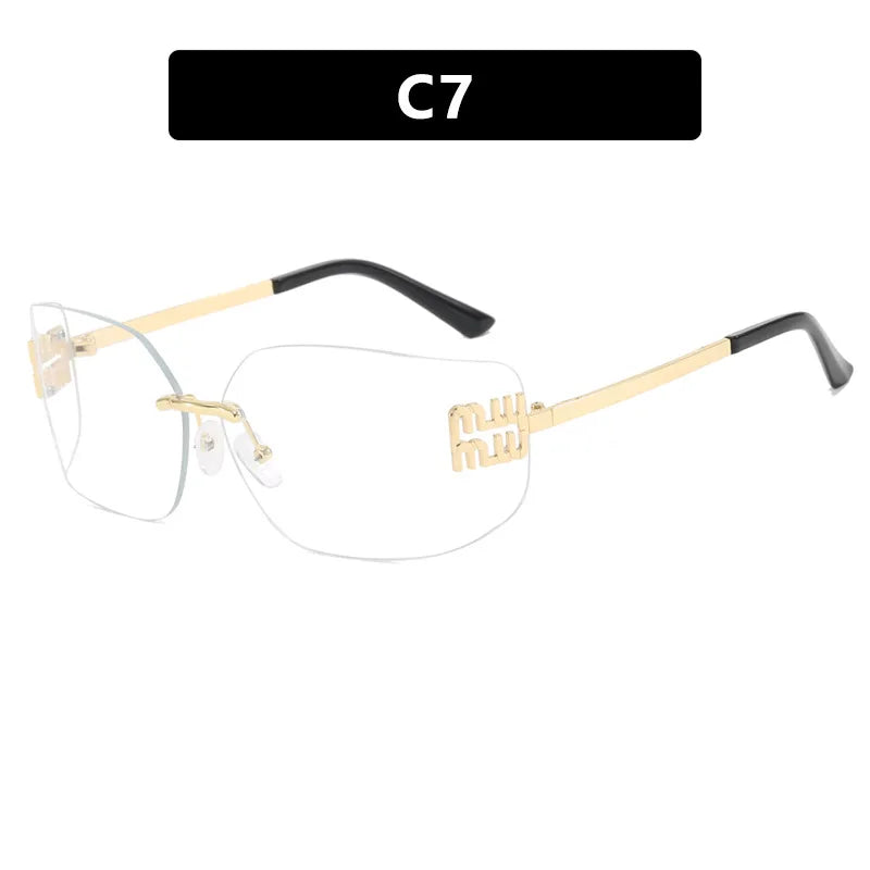 NEW Classic Sun Glasses Female Funky Metal Luxury Rimless Sunglasses Women BrandDesigner Rivets Rectangle Gradient Curved Shades