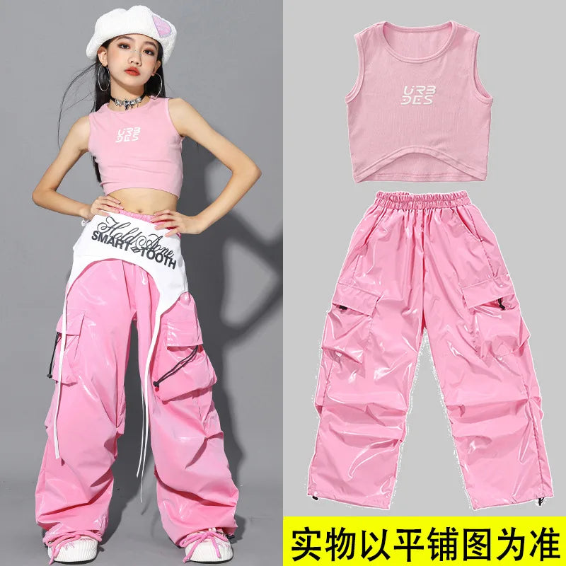 Jazz Dance Clothes For Girls Kpop Outfit Hip Hop Performance Wear Pink Shuffle Pants Kid Street Dance Show Fashion Suit