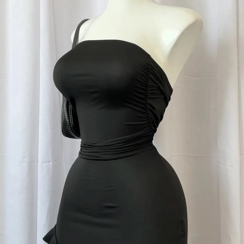 Women Strapless Floral Mini Dress With High Slit Backless Sleeveless Black Pink