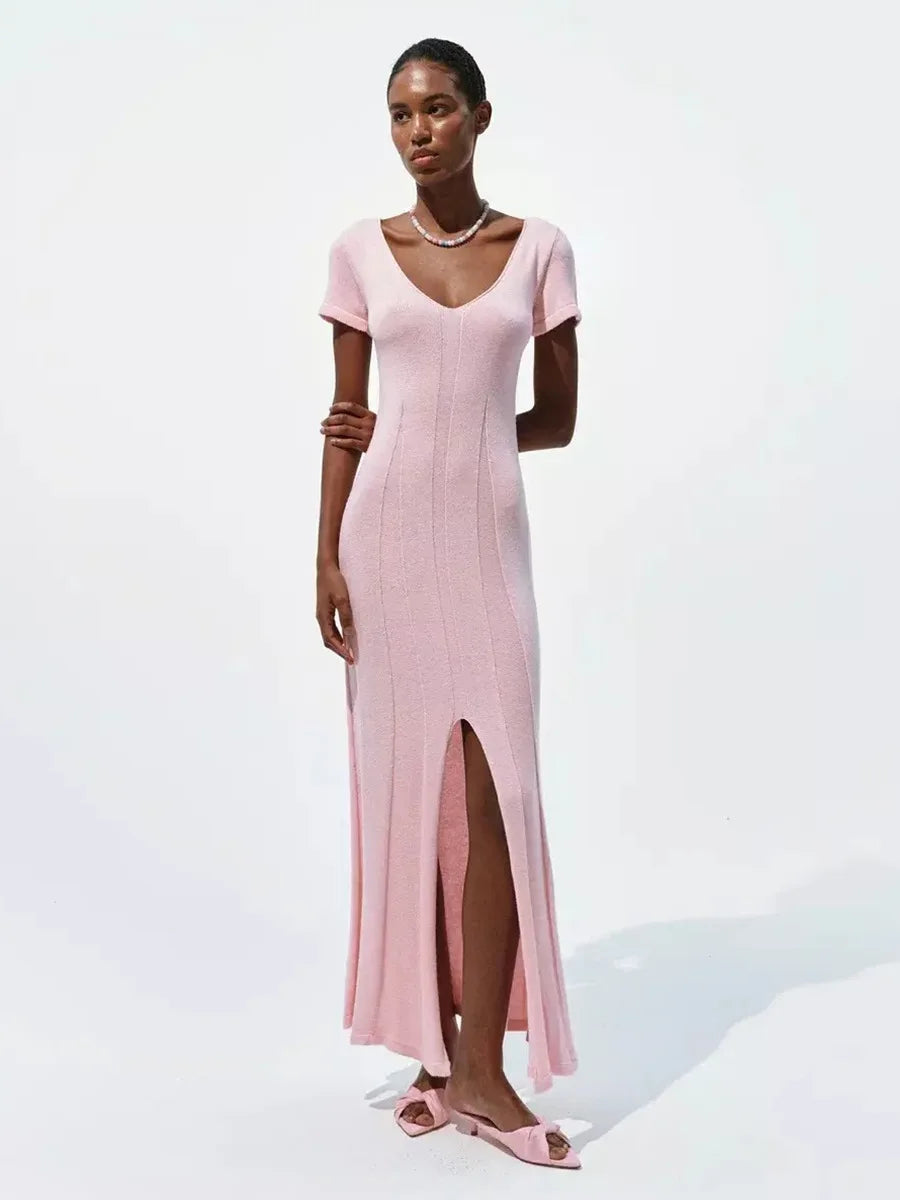 Ribbed Knit Maxi Dress for Women Deep V Neck High Slit Patchwork Party Dress