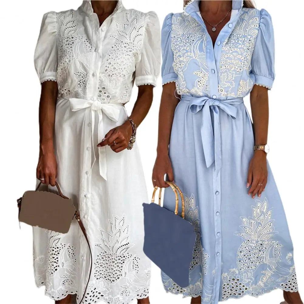 Lace-up Women Shirt Dress 2024 Summer Elegant Single Breasted Puff Sleeve Maxi Dress Vestidos Bohemian Sundress Party Robe