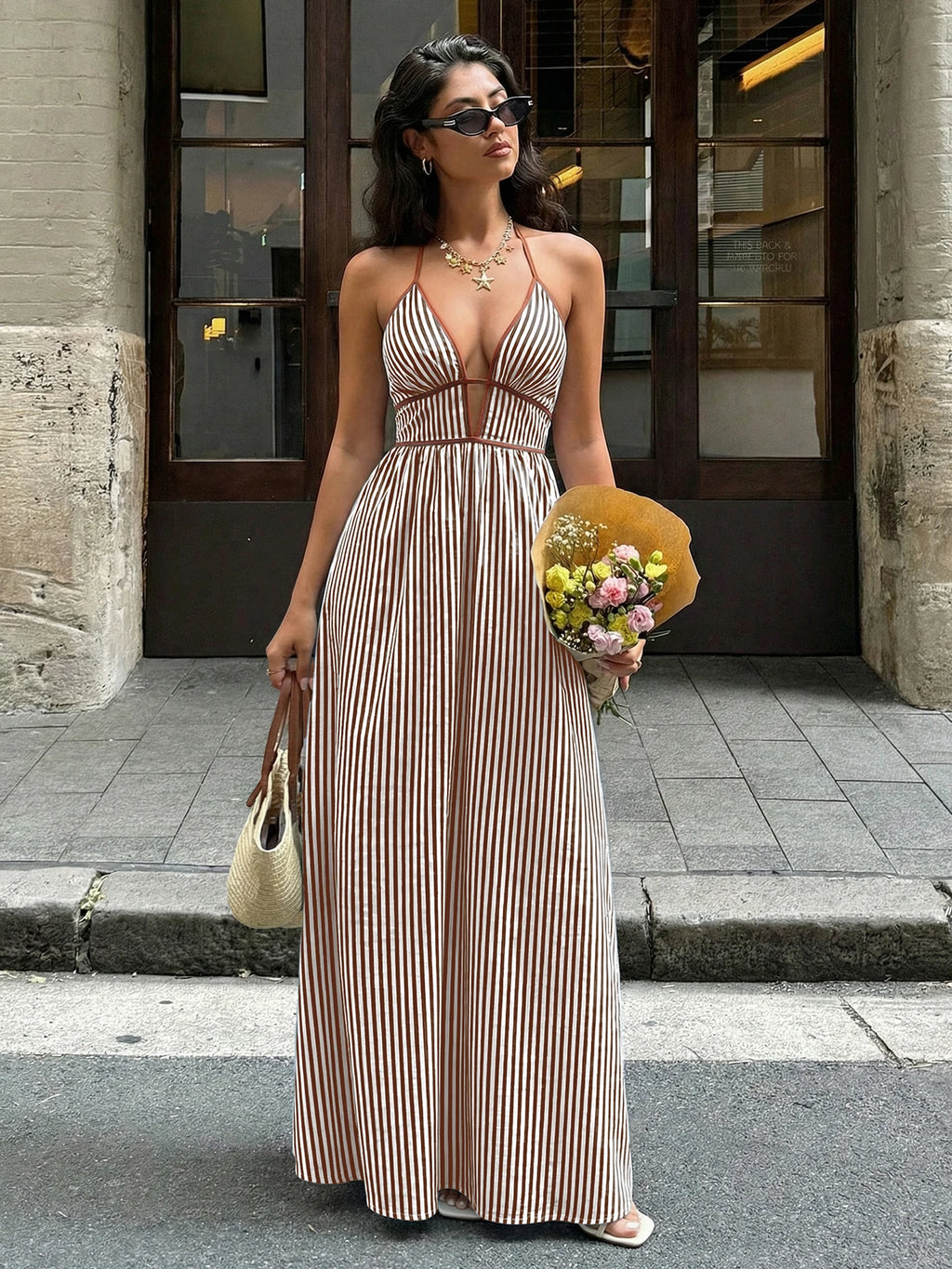 2026 Summer Striped Deep V Neck Backless Sleeveless Beach Long Dress