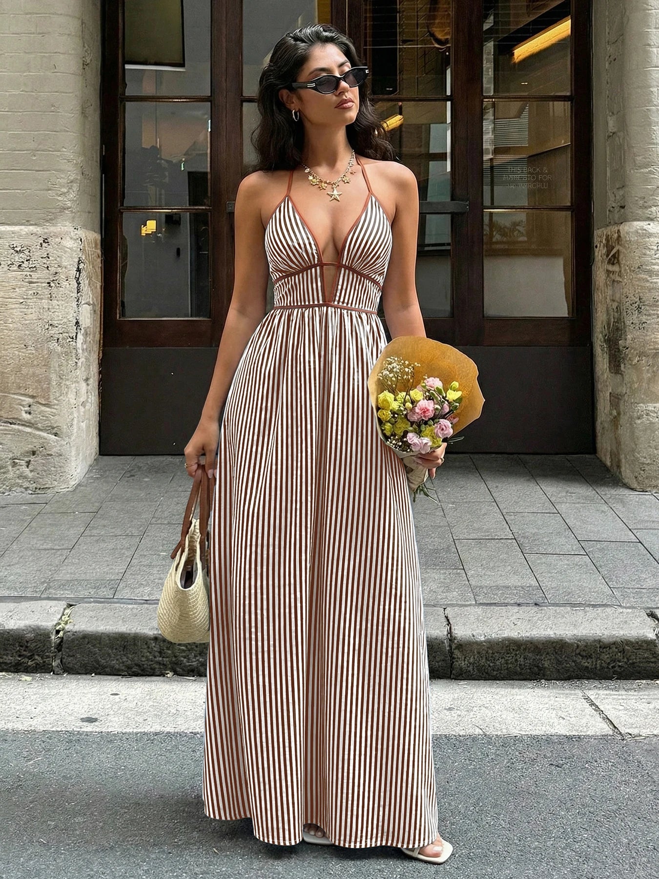 2026 Summer Striped Deep V Neck Backless Sleeveless Beach Long Dress