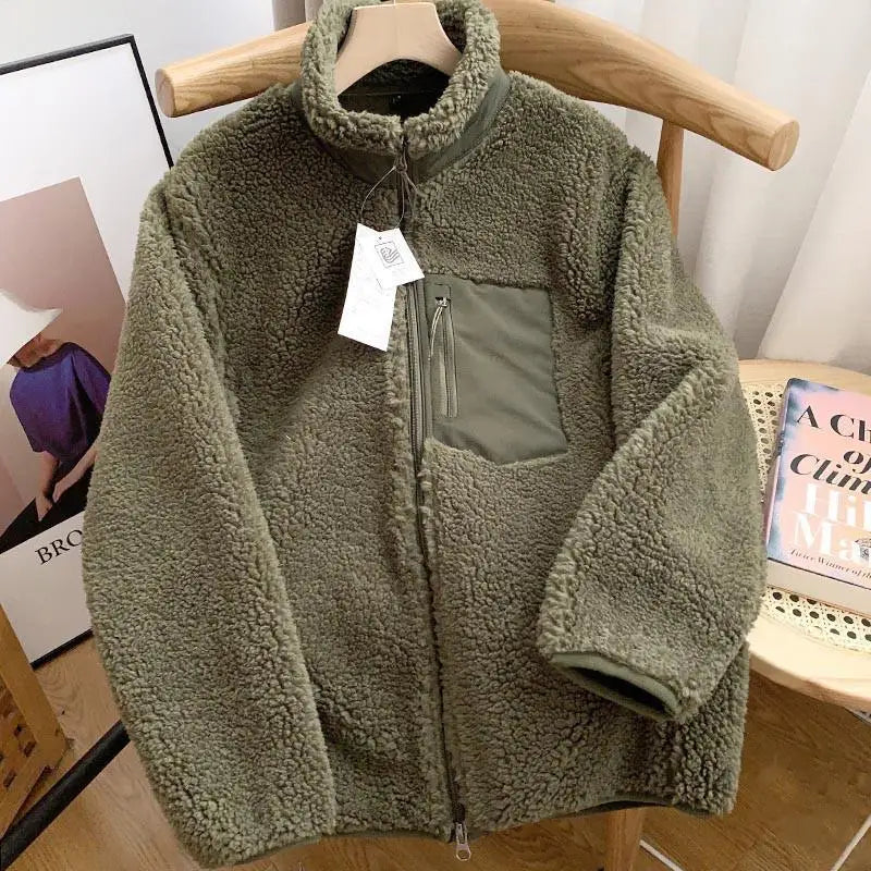 Autumn Winter Men Lamb Wool Jackets Women Fleece Stand Neck Jacket Couple Zipper Loose Warm Coat Male Solid Color Parkas Jacket