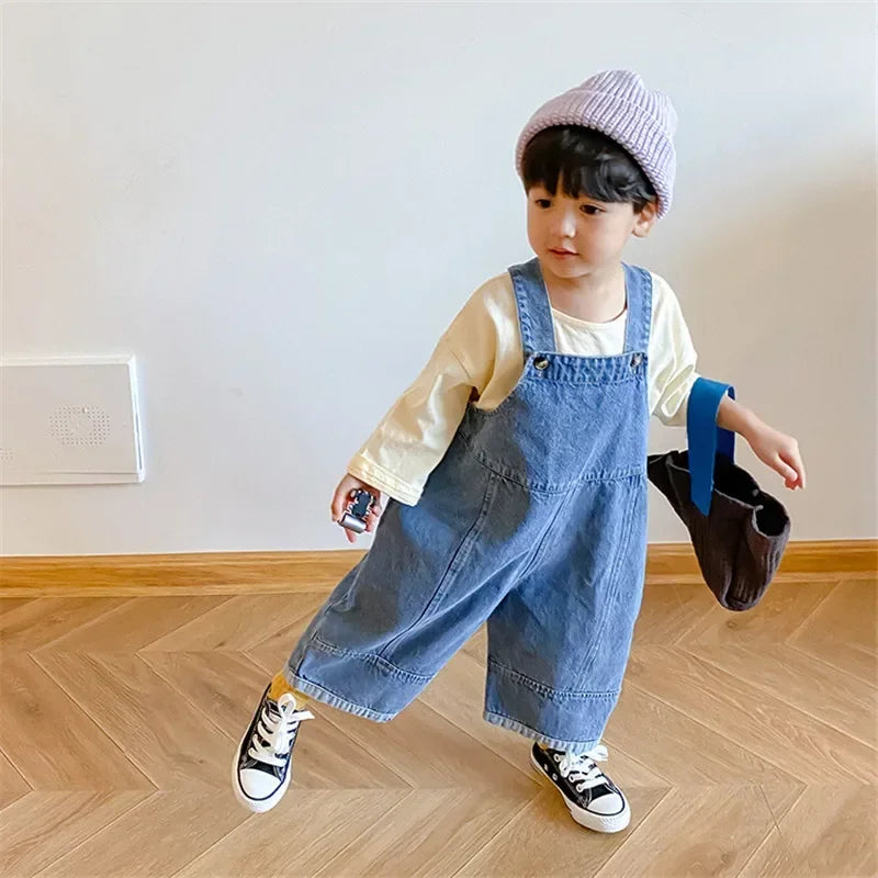2025 Autumn New Children Loose Overalls boys girls casual all-match denim Trousers Spring Fall Solid Outwear 1-7Y Kids bib pants