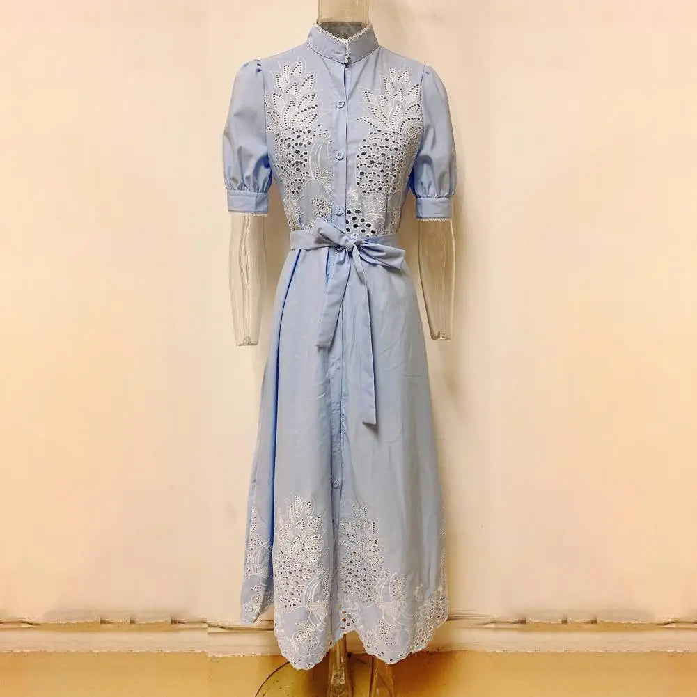 Lace-up Women Shirt Dress 2024 Summer Elegant Single Breasted Puff Sleeve Maxi Dress Vestidos Bohemian Sundress Party Robe
