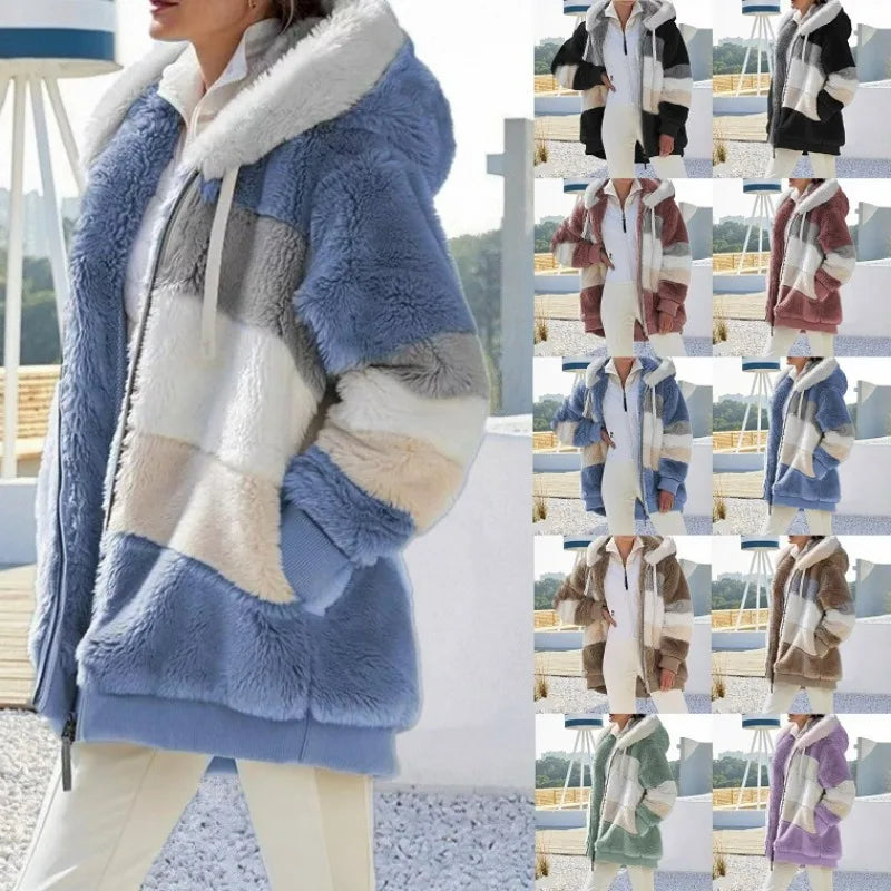 Women Oversized Plush Hoodie Coat Winter Outerwear Jacket With Pockets
