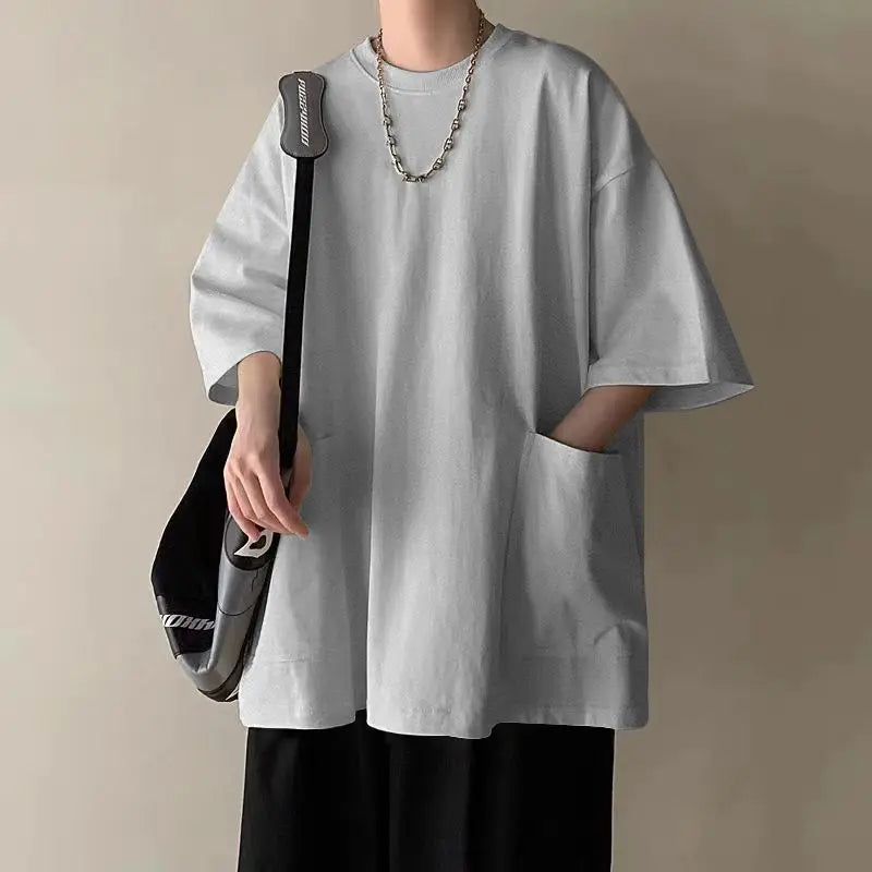 Men's Pocket Patchwork O-Neck Solid Short Sleeve T-Shirts Loose Fashion Summer New Plus Size Basic Tops Trend Casual Men Clothes