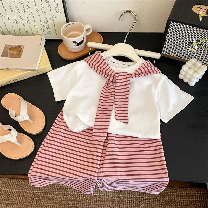 Summer Girls Sets Children Short-sleeved Suit Kids T-shirt With Stripes Shawls+Wide-leg Pants 2Pcs Outfits Teen Casual Clothes