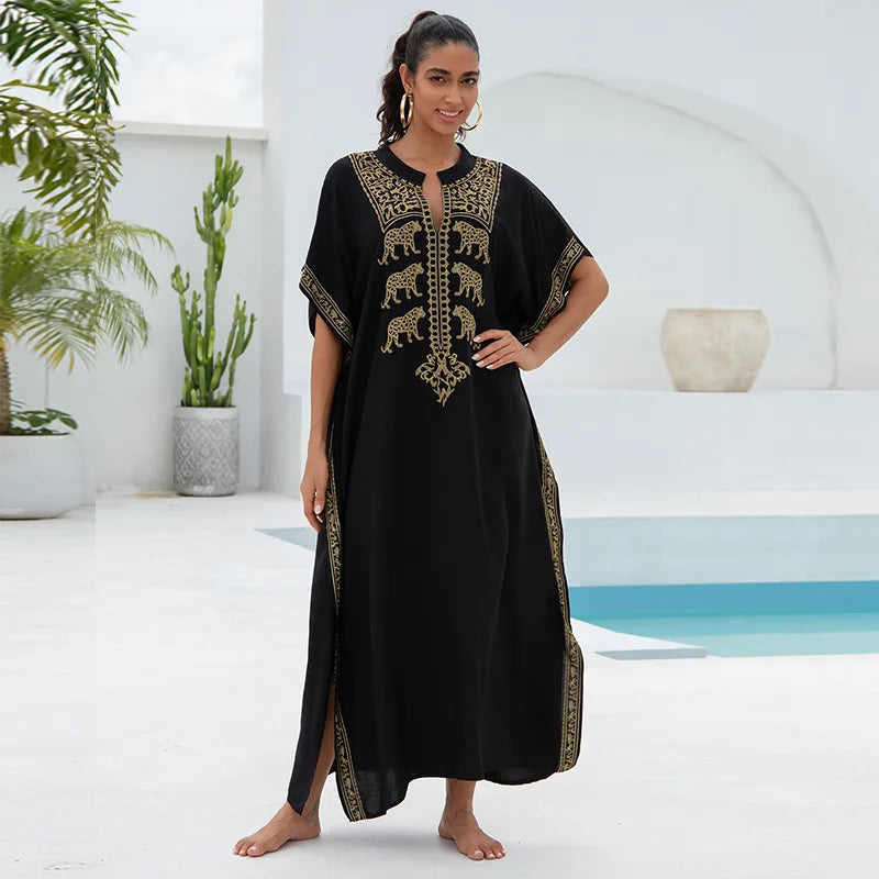 Embroidery Beach Kaftan Cover up Saida de Praia Swimsuit Bikini cover up Tunics for Beach Pareo Sarong Beachwear
