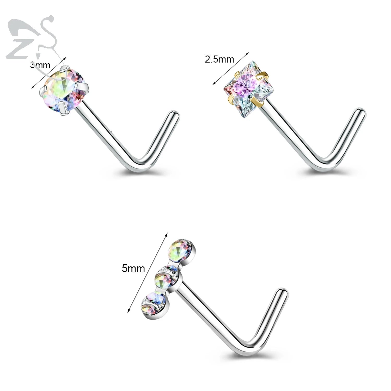 ZS 3-4Pcs/lot Gold Color Stainless Steel Nose Stud Set Heart Star Round Crystal Nose Piercing L Shape Nostril Piercing 18g/20g