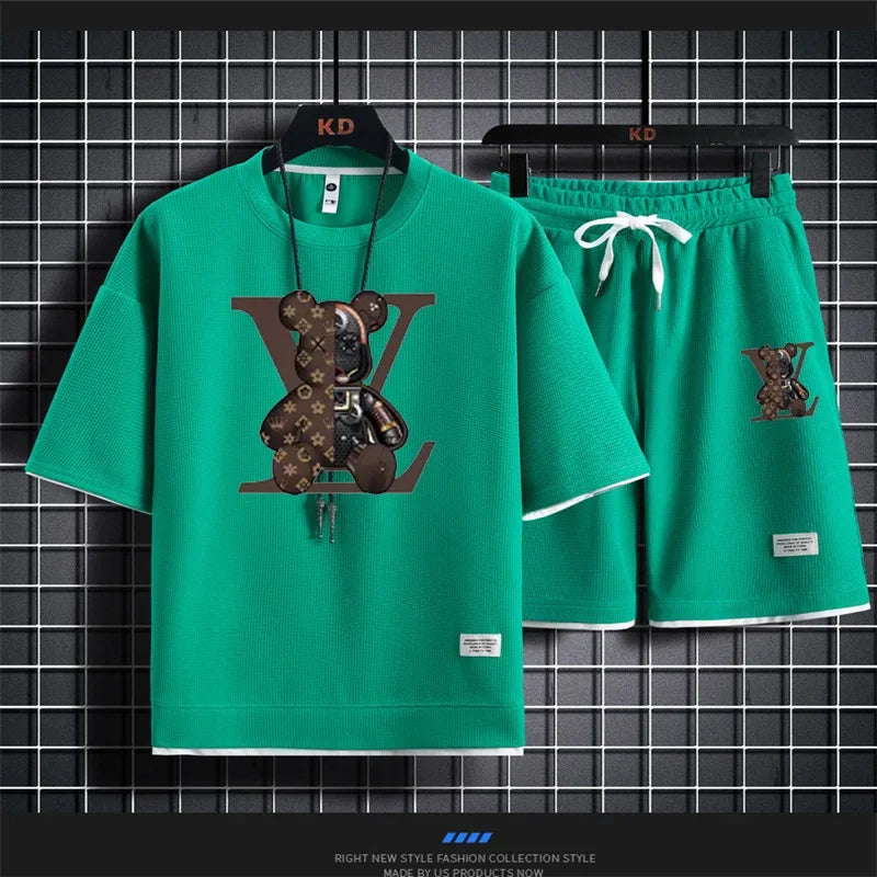Summer new men's short-sleeved set, a fashionable outdoor casual men's short-sleeved T-shirt and sports shorts 2-piece set
