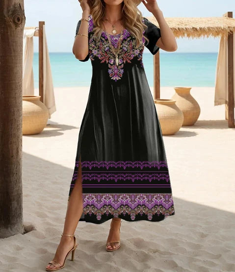 Ethnic Bohemian Floral Print Casual Vacation Short Sleeve Plus Size Summer Dress