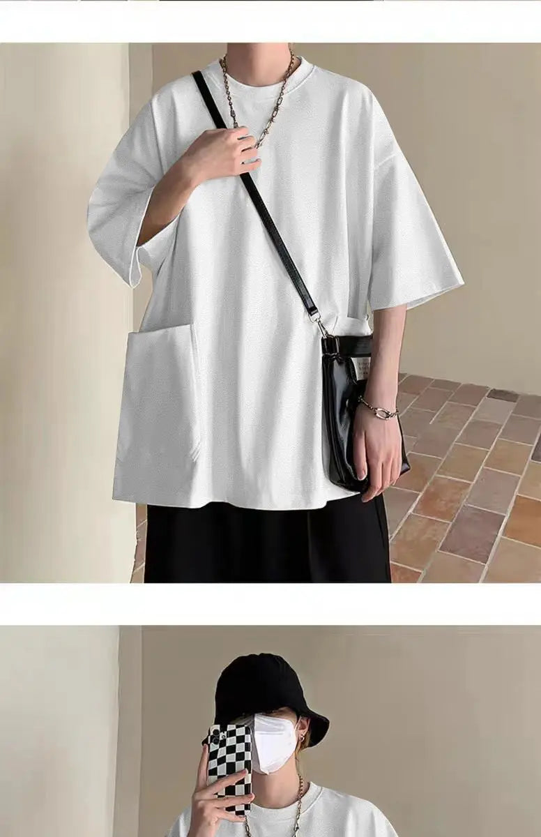 Men's Pocket Patchwork O-Neck Solid Short Sleeve T-Shirts Loose Fashion Summer New Plus Size Basic Tops Trend Casual Men Clothes