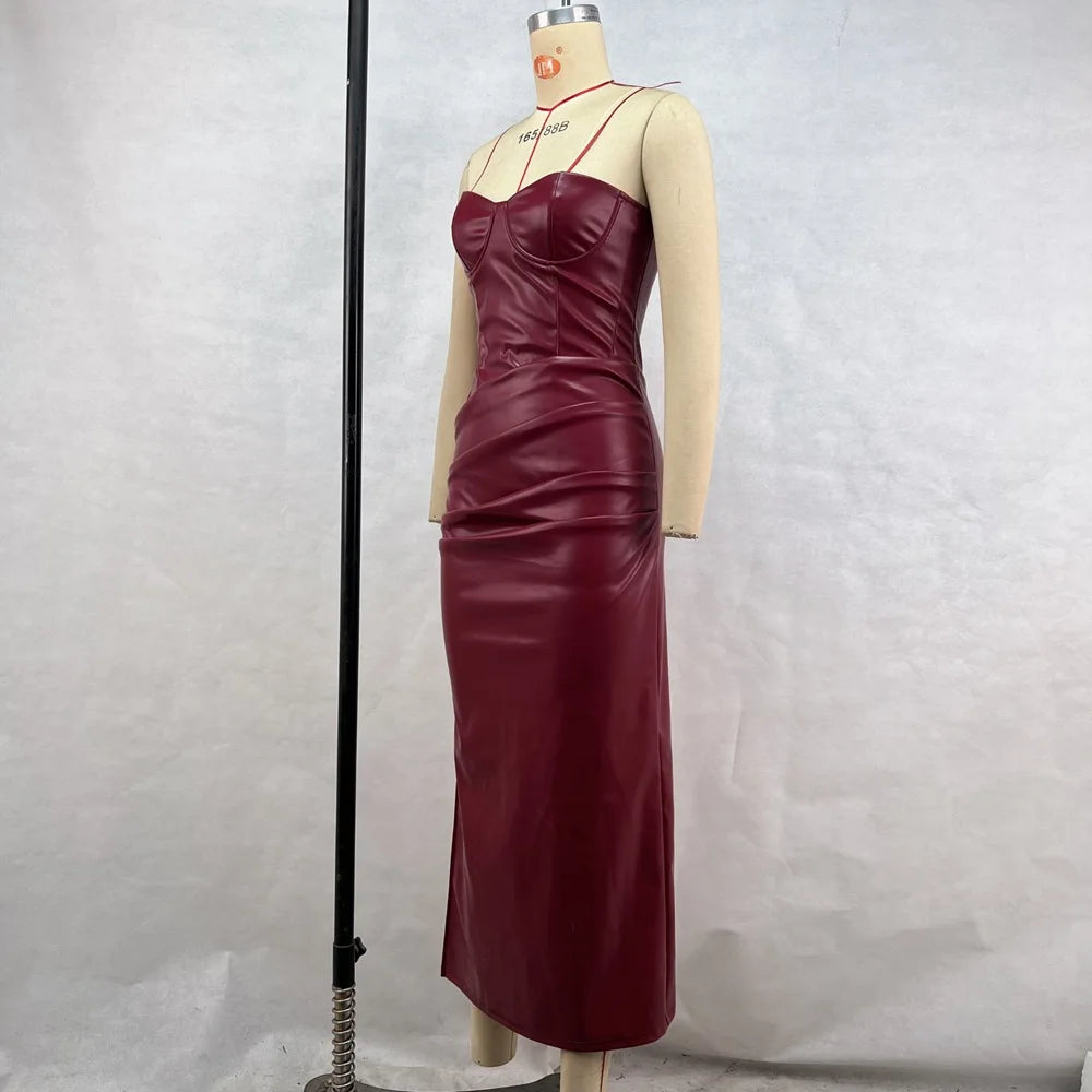 Luxury Leather Strapless Bandage Dress For Women Red Evening Cocktail 2025