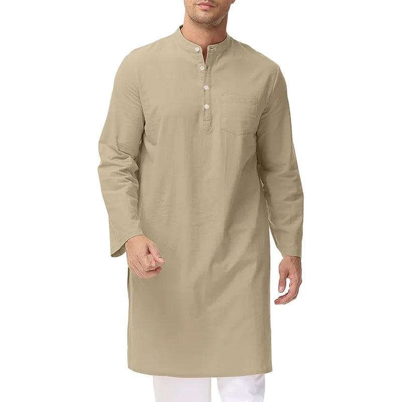 New Leisure Men Muslim Shirt Islamic Arabian Cotton Stand Collar Long Sleeve Blouse Pakistani High Quality Retro Long Tops S-3XL